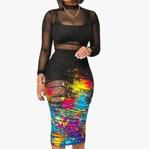 🎀NWT Women Sexy Mesh Long Sleeve Ruched Midi Dress Crop Top Skirt 3 Piece - Picture 3 of 5